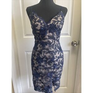 Honey & Rosie Dress Sheer Metallic Embroidered Cocktail Mini Shimmer Blue 3